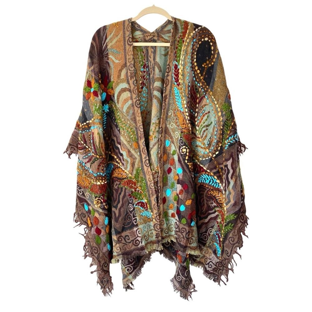 Anu Ariana Wool Brown Embroidered Poncho Cape Shawl One Size - Picture 2 of 9